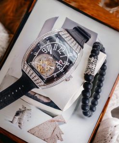 Đồng hồ Hanboro nam mặt đen viền đính đá chính hãng 43mm (1)