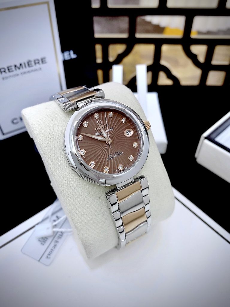 Đồng hồ Omega Ladymatic nữ mặt số màu nâu Super Fake tặng kèm bộ dây 34mm