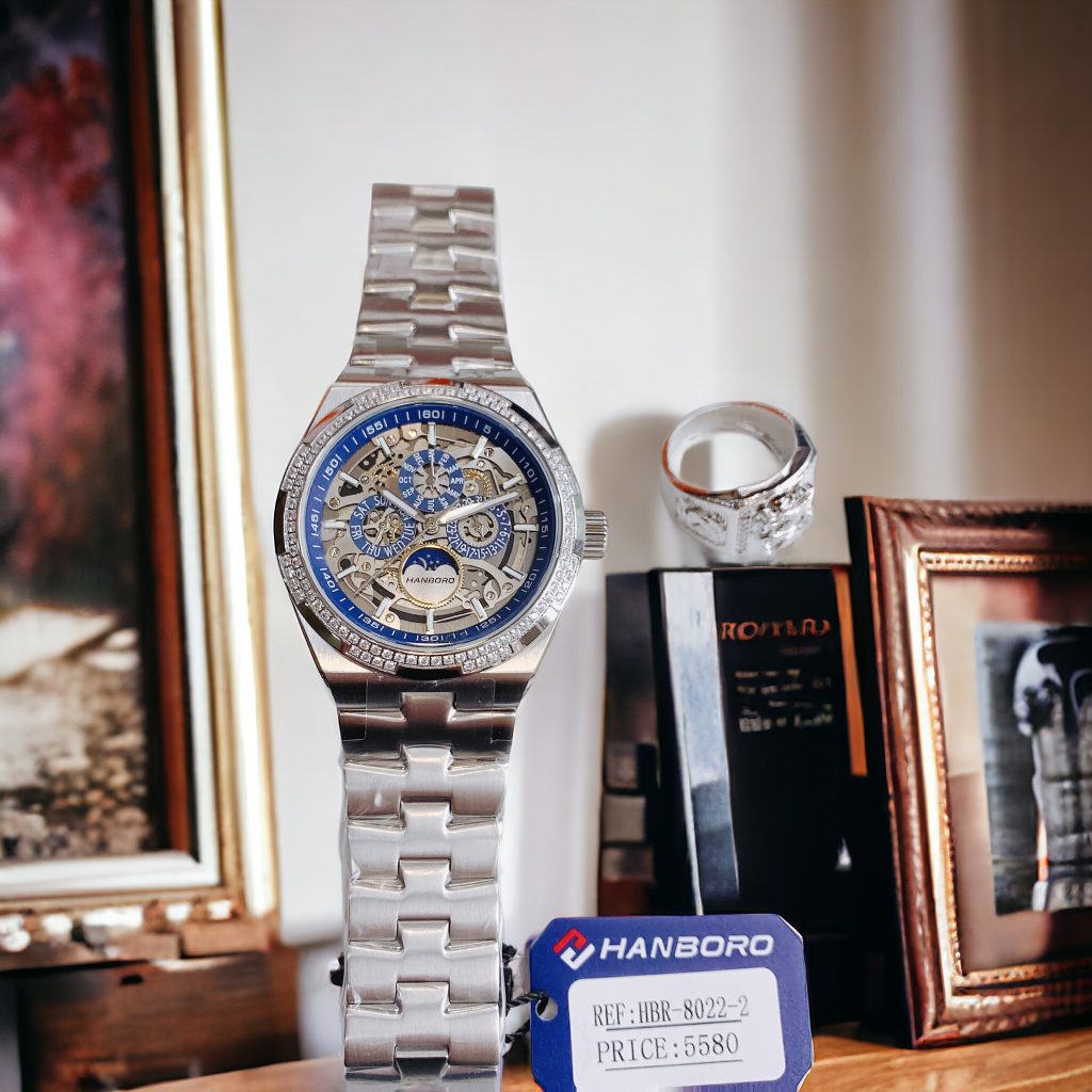 Đồng hồ nam Hanboro chính hãng máy lộ cơ đính đá 42mm (1)