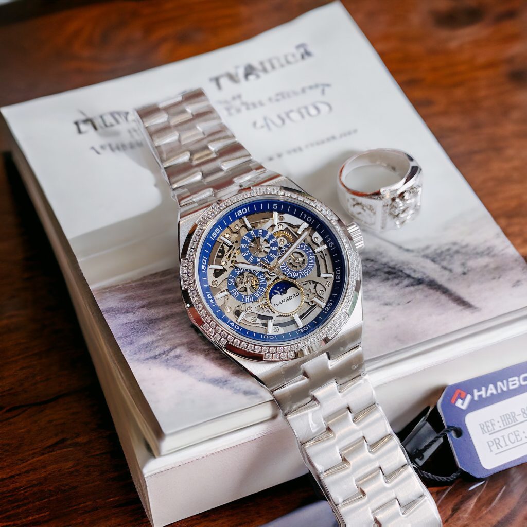 Đồng hồ nam Hanboro chính hãng máy lộ cơ đính đá 42mm (1)