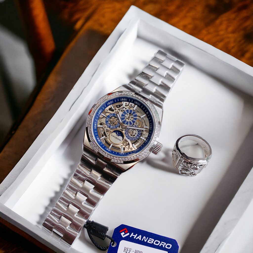 Đồng hồ nam Hanboro chính hãng máy lộ cơ đính đá 42mm (1)