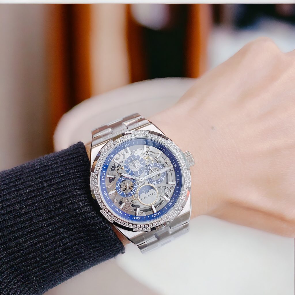 Đồng hồ nam Hanboro chính hãng máy lộ cơ đính đá 42mm (1)