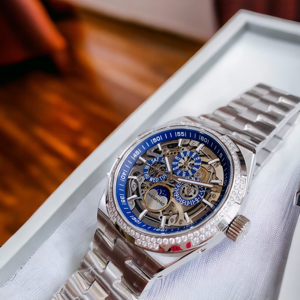 Đồng hồ nam Hanboro chính hãng máy lộ cơ đính đá 42mm (1)