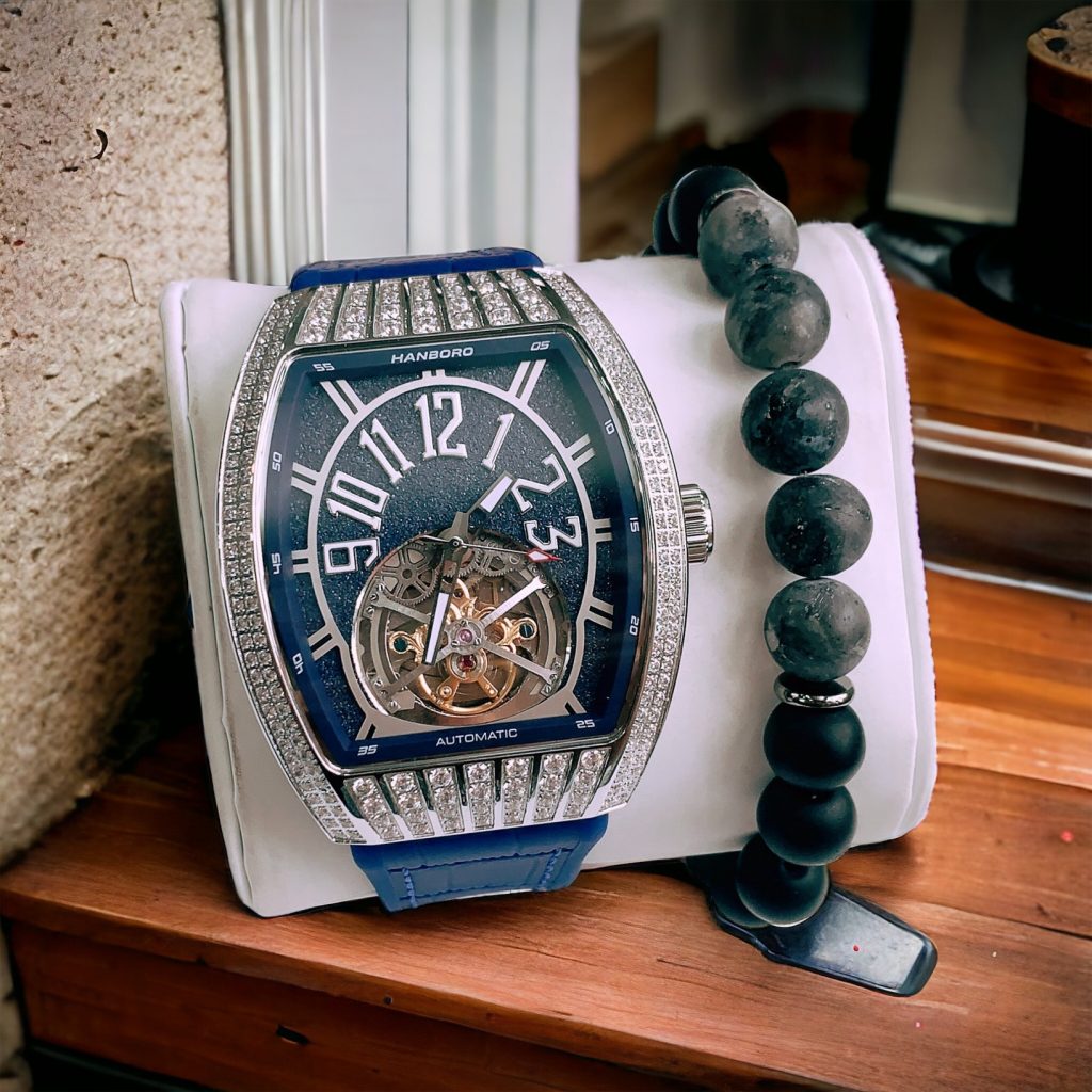 Đồng hồ nam Hanboro dây cao su lộ cơ chính hãng 43mm (1)