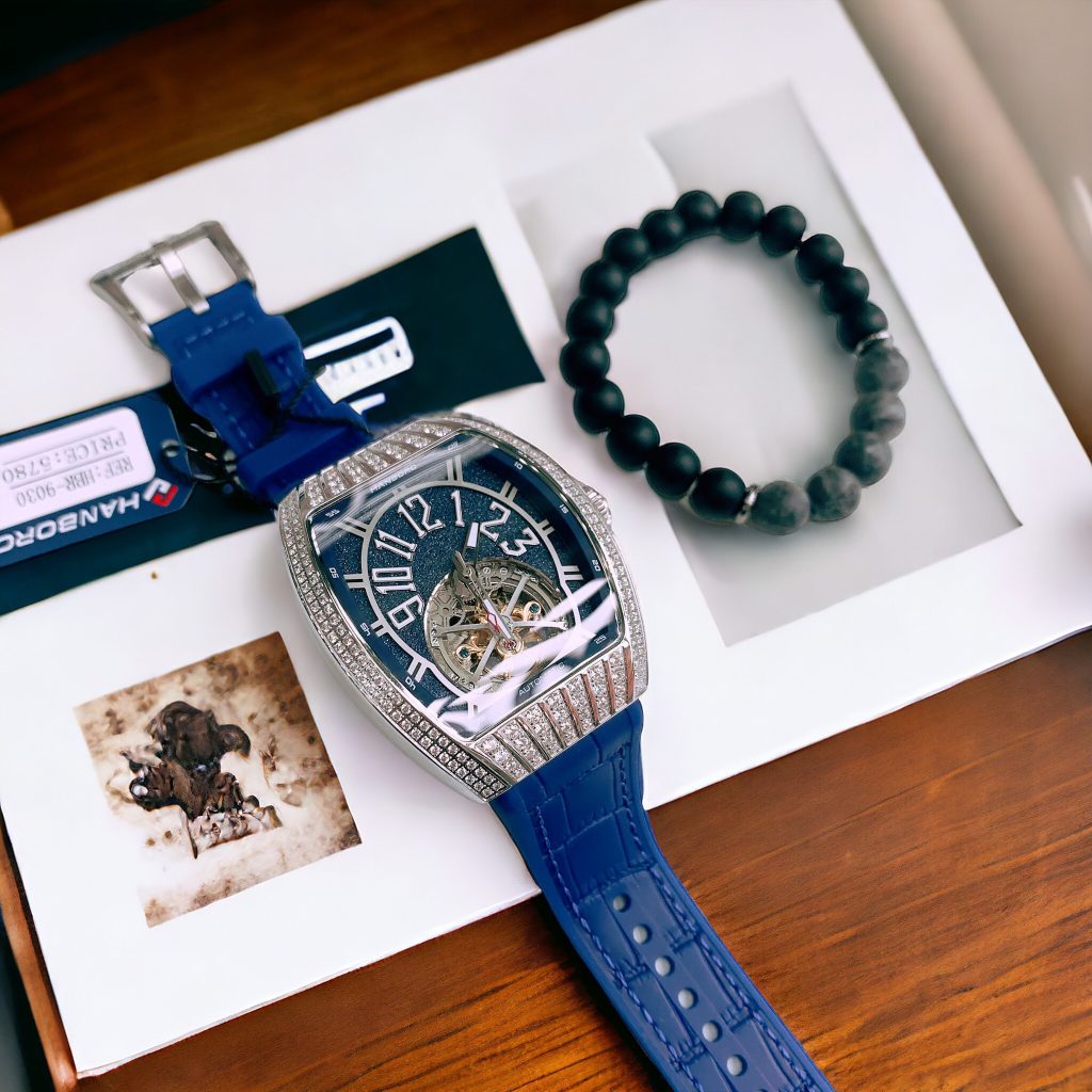 Đồng hồ nam Hanboro dây cao su lộ cơ chính hãng 43mm (1)