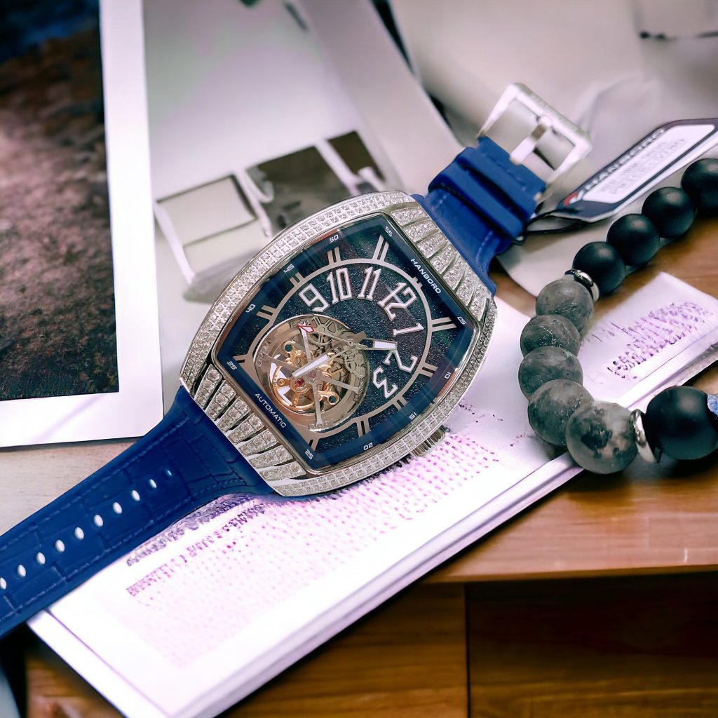 Đồng hồ nam Hanboro dây cao su lộ cơ chính hãng 43mm (1)