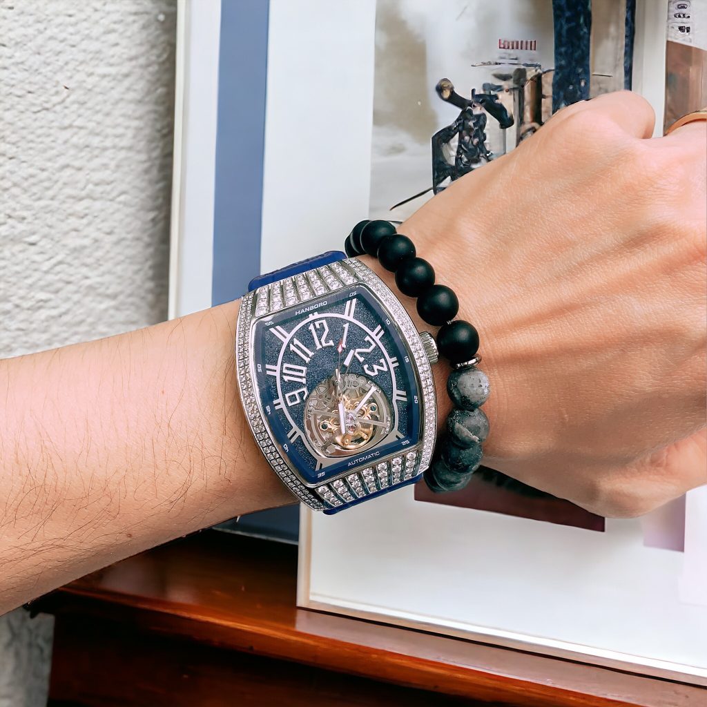 Đồng hồ nam Hanboro dây cao su lộ cơ chính hãng 43mm (1)