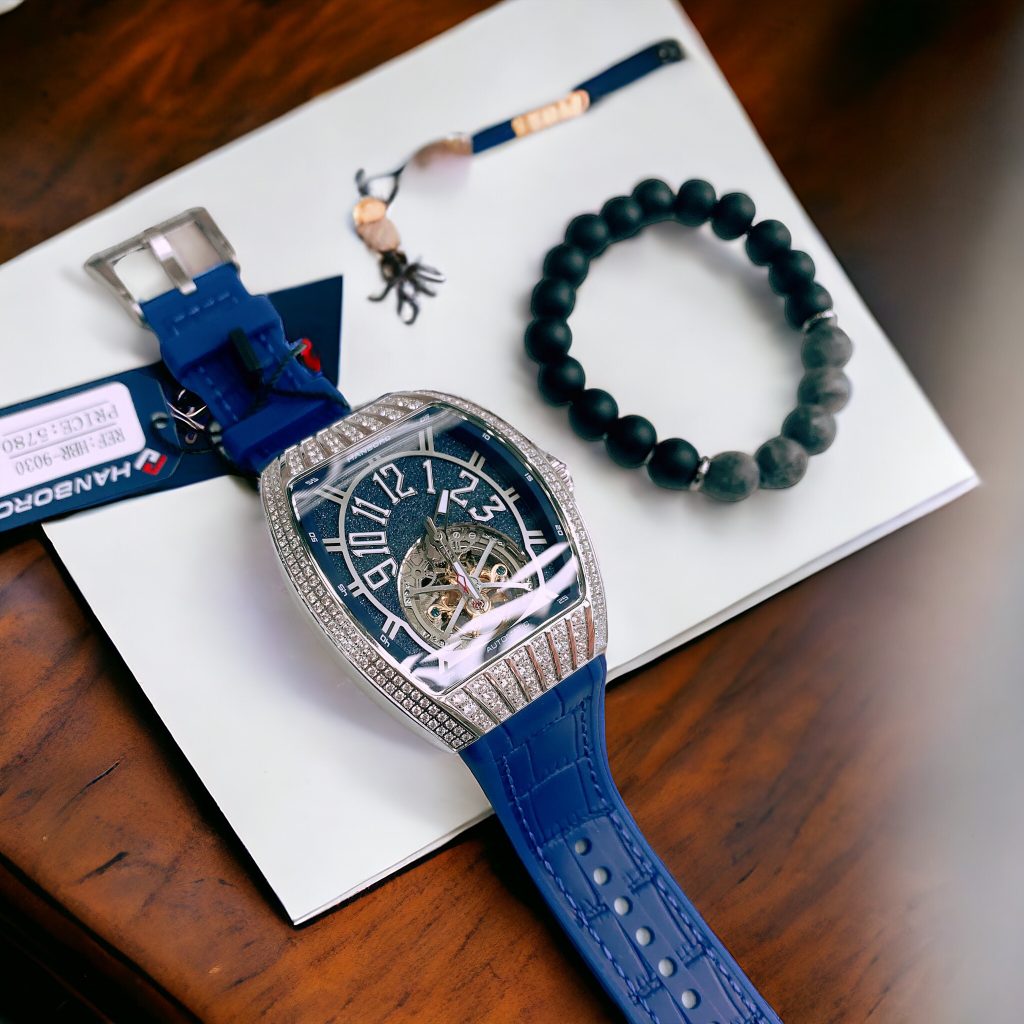 Đồng hồ nam Hanboro dây cao su lộ cơ chính hãng 43mm (1)