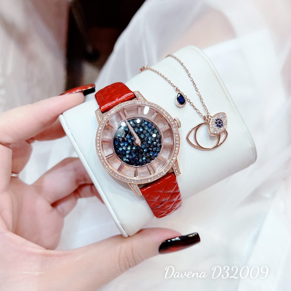 Đồng hồ nữ Davena 32009 dây da đỏ đính đá chính hãng 34mm (1)