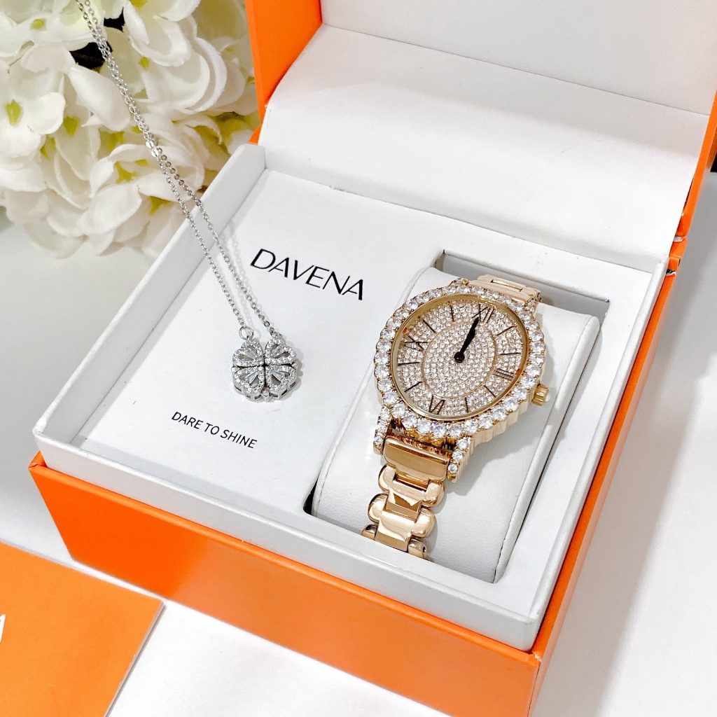 Đồng hồ Davena Austria 31893 nữ dây kim loại đính đá chính hãng 34mm (1)