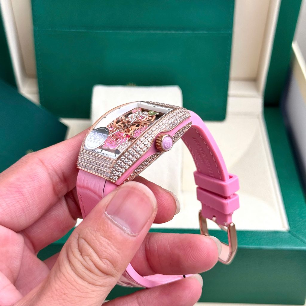 Đồng hồ Franck Muller V32 nữ đính đá dây cao su màu hồng 36mm (5)