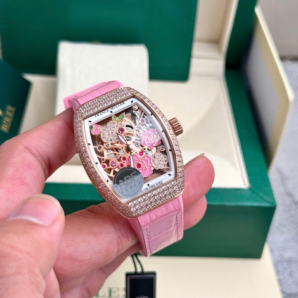 Đồng hồ Franck Muller V32 nữ đính đá dây cao su màu hồng 36mm (5)