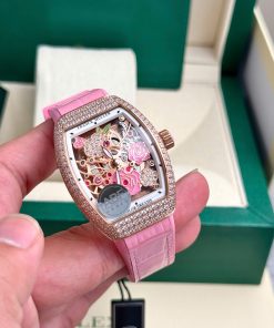 Đồng hồ Franck Muller V32 nữ đính đá dây cao su màu hồng 36mm (5)