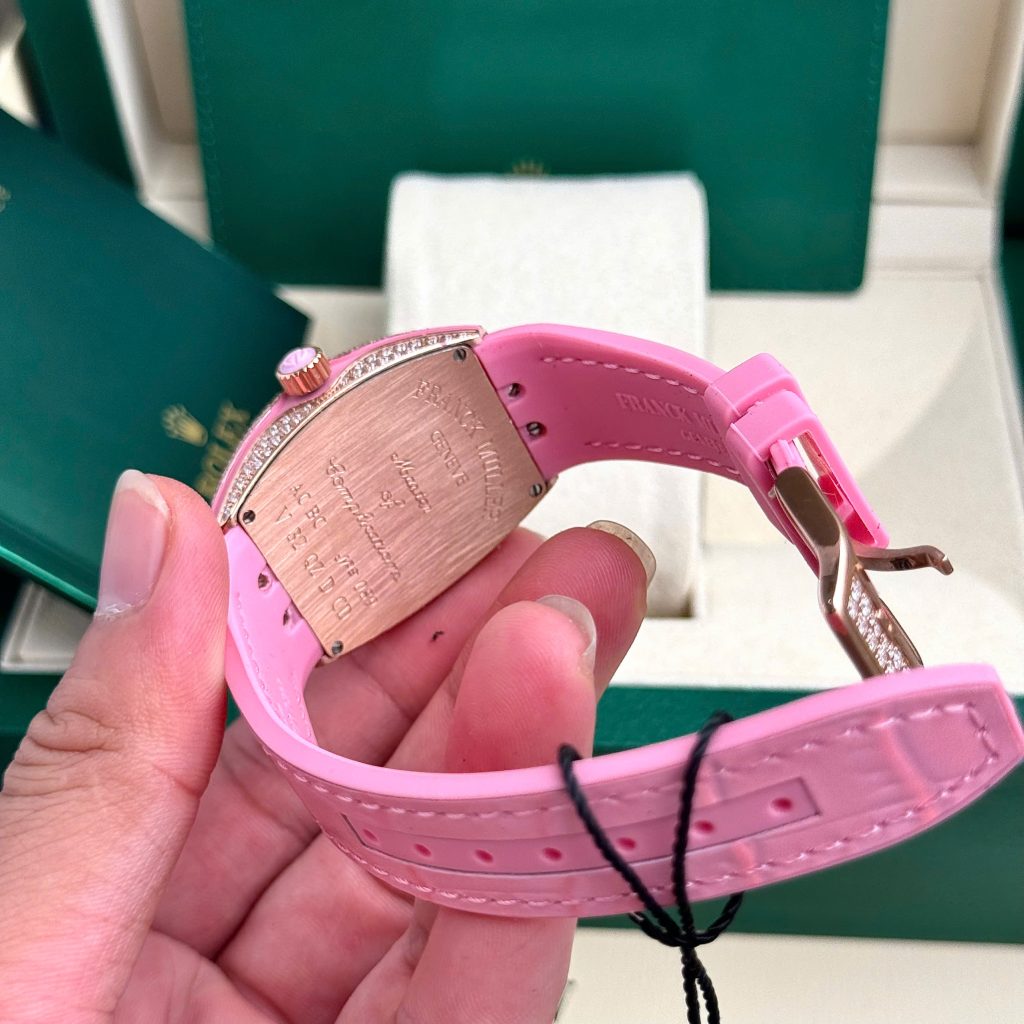 Đồng hồ Franck Muller V32 nữ đính đá dây cao su màu hồng 36mm (5)