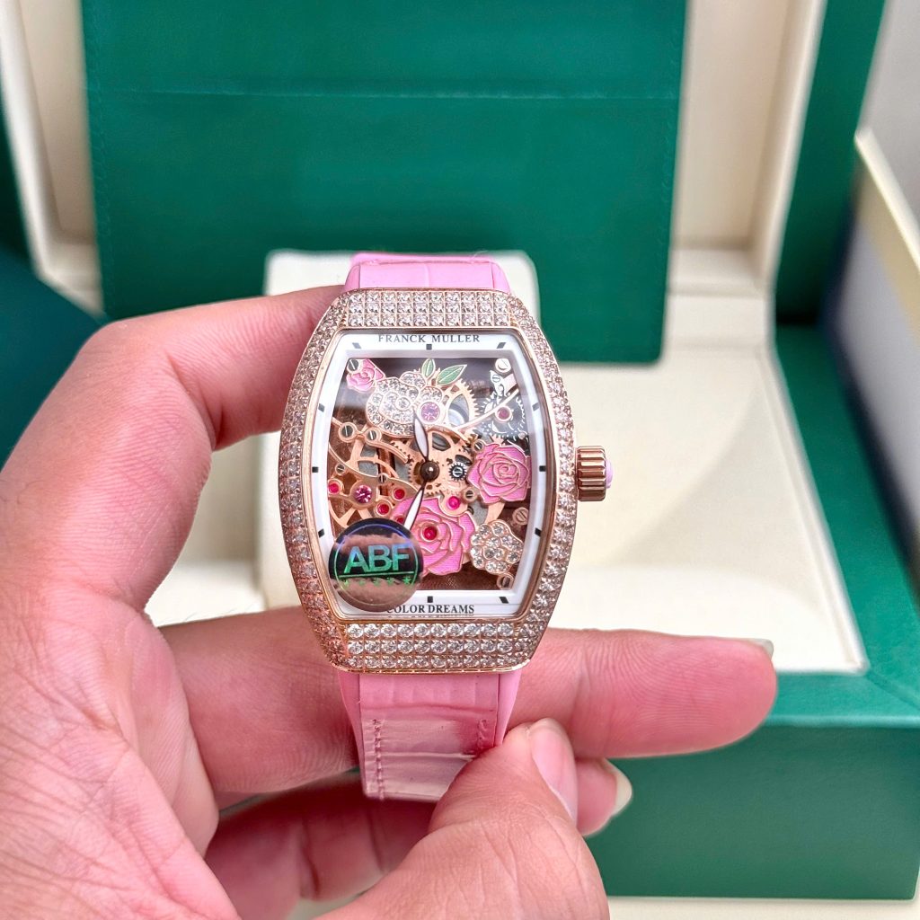Đồng hồ Franck Muller V32 nữ đính đá dây cao su màu hồng 36mm (5)