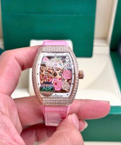 Đồng hồ Franck Muller V32 nữ đính đá dây cao su màu hồng 36mm (5)