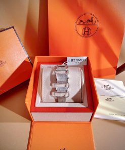 Đồng hồ HERMÈS Klikti nữ thép trắng dây da xám đính full đá 22x21mm (1)