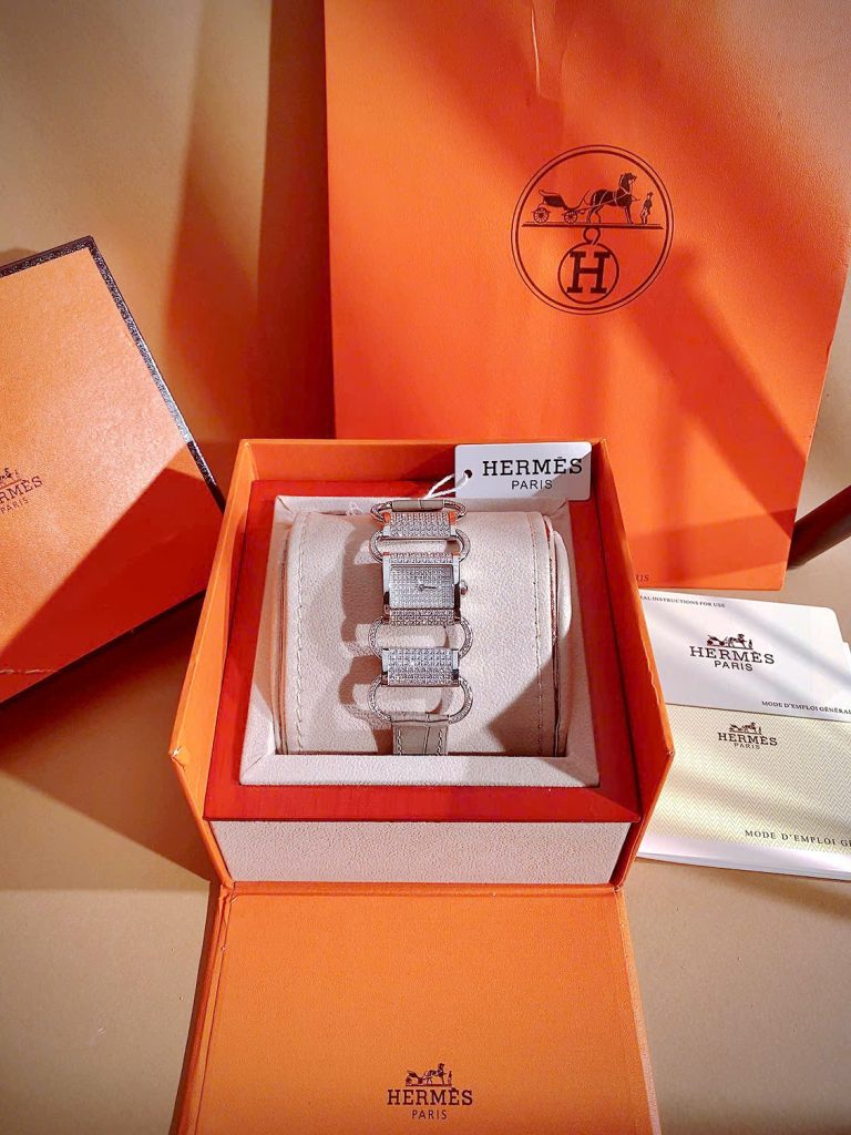 Đồng hồ HERMÈS Klikti nữ thép trắng dây da xám đính full đá 22x21mm (1)