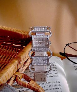 Đồng hồ HERMÈS Klikti nữ thép trắng dây da xám đính full đá 22x21mm (1)
