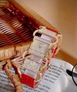 Đồng hồ HERMÈS Klikti nữ vàng gold dây da đỏ đính full đá 22x21mm (7)