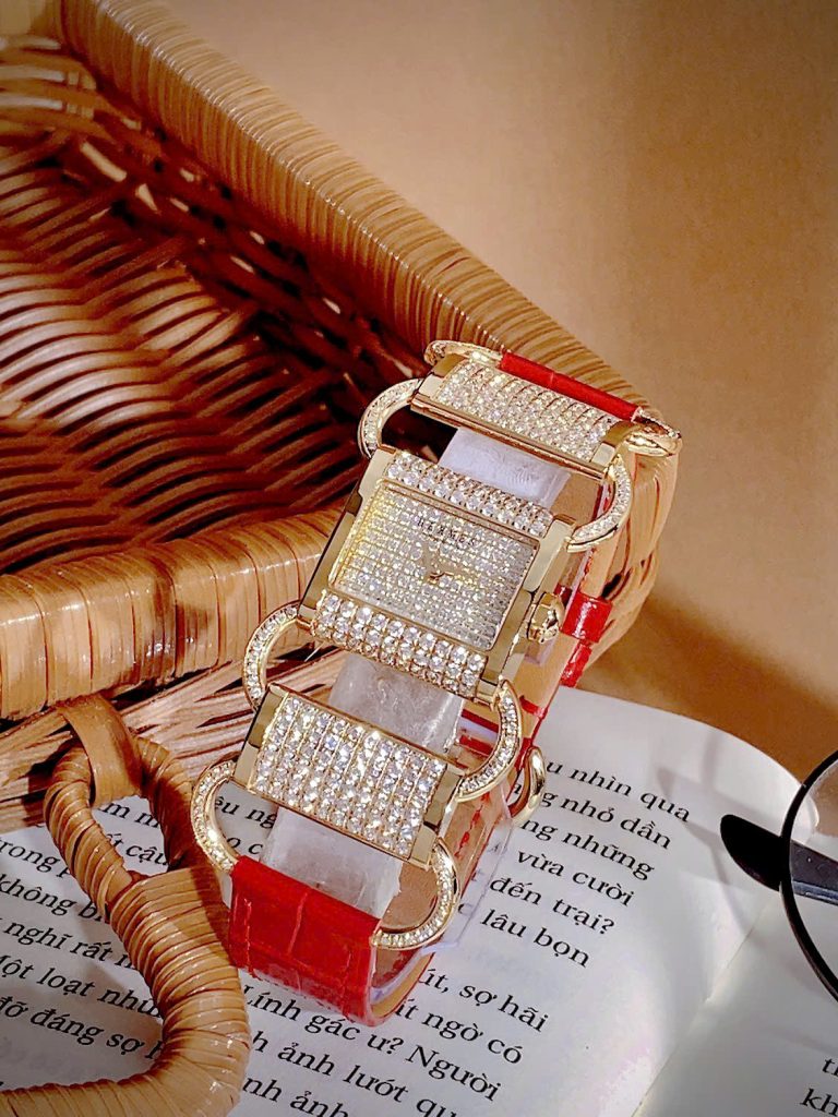 Đồng hồ HERMÈS Klikti nữ vàng gold dây da đỏ đính full đá 22x21mm (7)