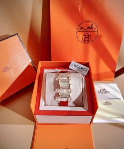 Đồng hồ HERMÈS Klikti nữ vàng gold dây da đỏ đính full đá 22x21mm (7)