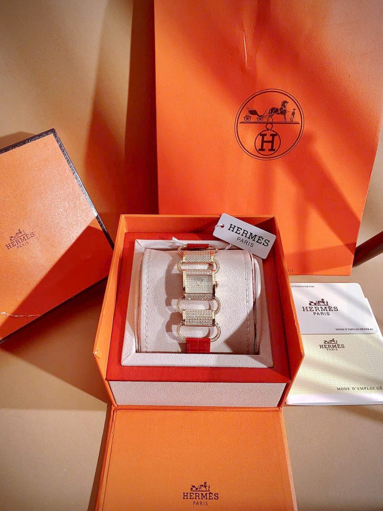 Đồng hồ HERMÈS Klikti nữ vàng gold dây da đỏ đính full đá 22x21mm (7)