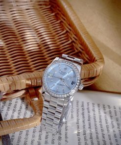 Đồng hồ Rolex Datejust nữ mặt xanh băng cọc số đính đá Fake cao cấp 32mm