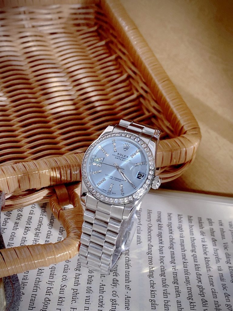 Đồng hồ Rolex Datejust nữ mặt xanh băng cọc số đính đá Fake cao cấp 32mm