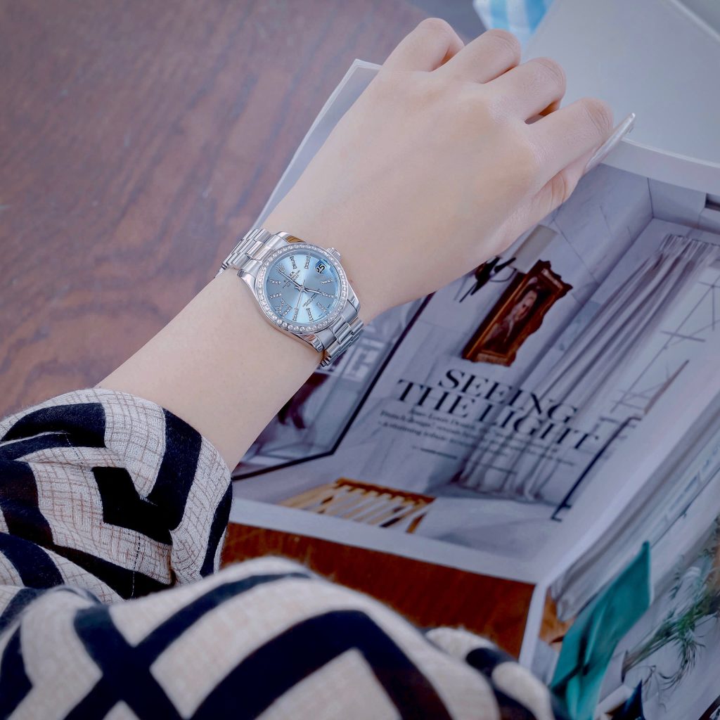 Đồng hồ Rolex Datejust nữ mặt xanh băng cọc số đính đá Fake cao cấp 32mm