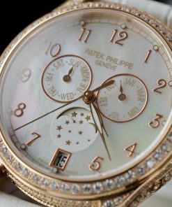 Đồng Hồ Patek Philippe Complications 4947R Replica 11 Mặt Khảm Xà Cừ Dây Da Màu Trắng 38mm (2)