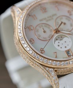 Đồng Hồ Patek Philippe Complications 4947R Replica 11 Mặt Khảm Xà Cừ Dây Da Màu Trắng 38mm (2)