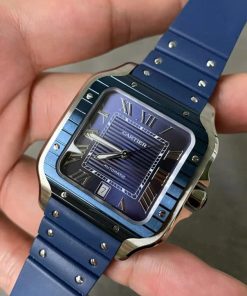 Đồng hồ Cartier Santos Rep 11 cao cấp mặt xanh blue dây cao su 40mm (2)