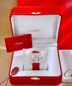 Đồng hồ Cartier Tank Anglaise nữ đính đá dây da đỏ Fake cao cấp 30mm