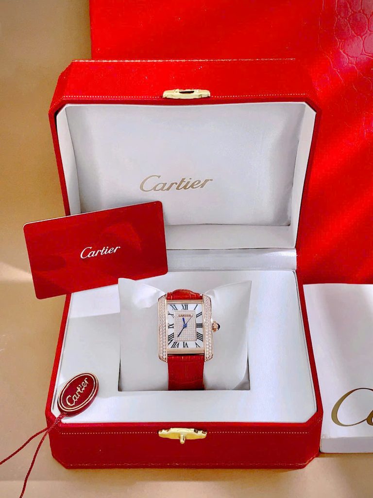  Đồng hồ Cartier Tank Anglaise nữ đính đá dây da đỏ Fake cao cấp 30mm