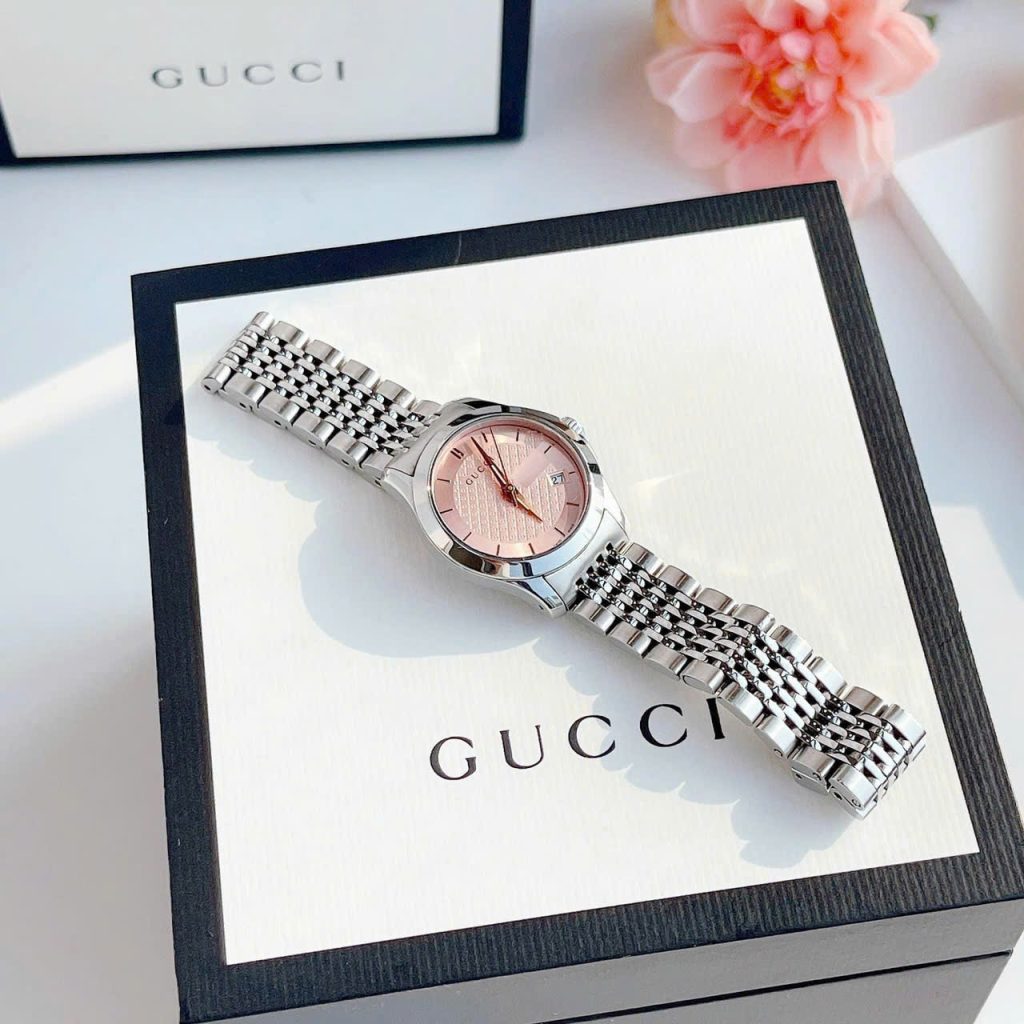  Đồng hồ Gucci G-Timeless nữ mặt hồng dây thép Like Auth 28mm