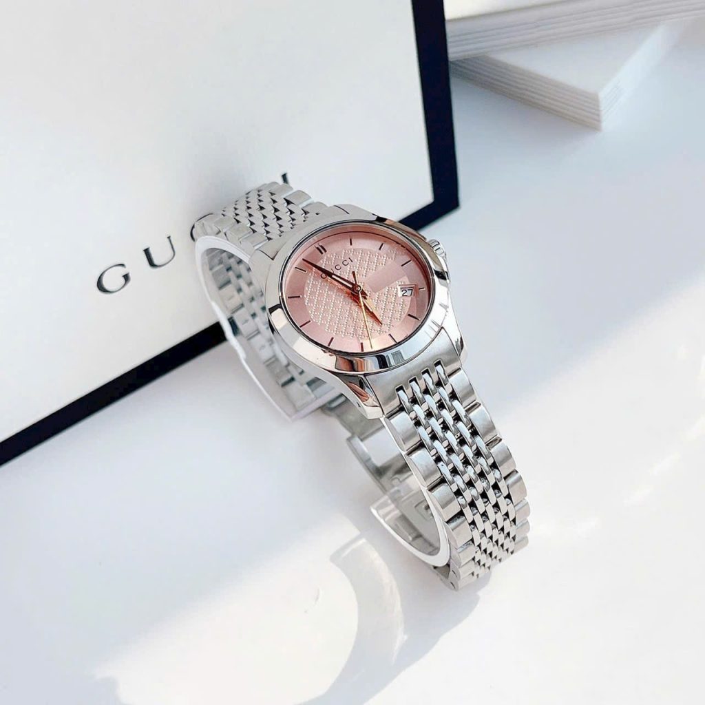  Đồng hồ Gucci G-Timeless nữ mặt hồng dây thép Like Auth 28mm