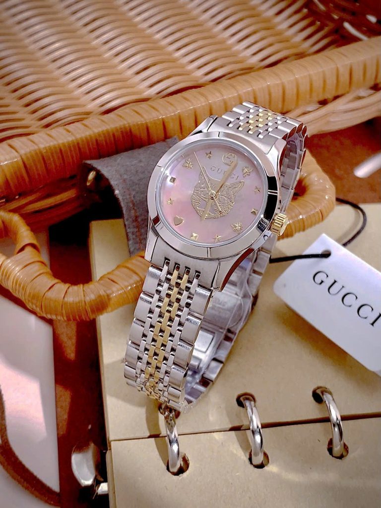 Đồng hồ Gucci nữ mặt khảm trai hồng hình mèo dây demi Like Auth 28mm