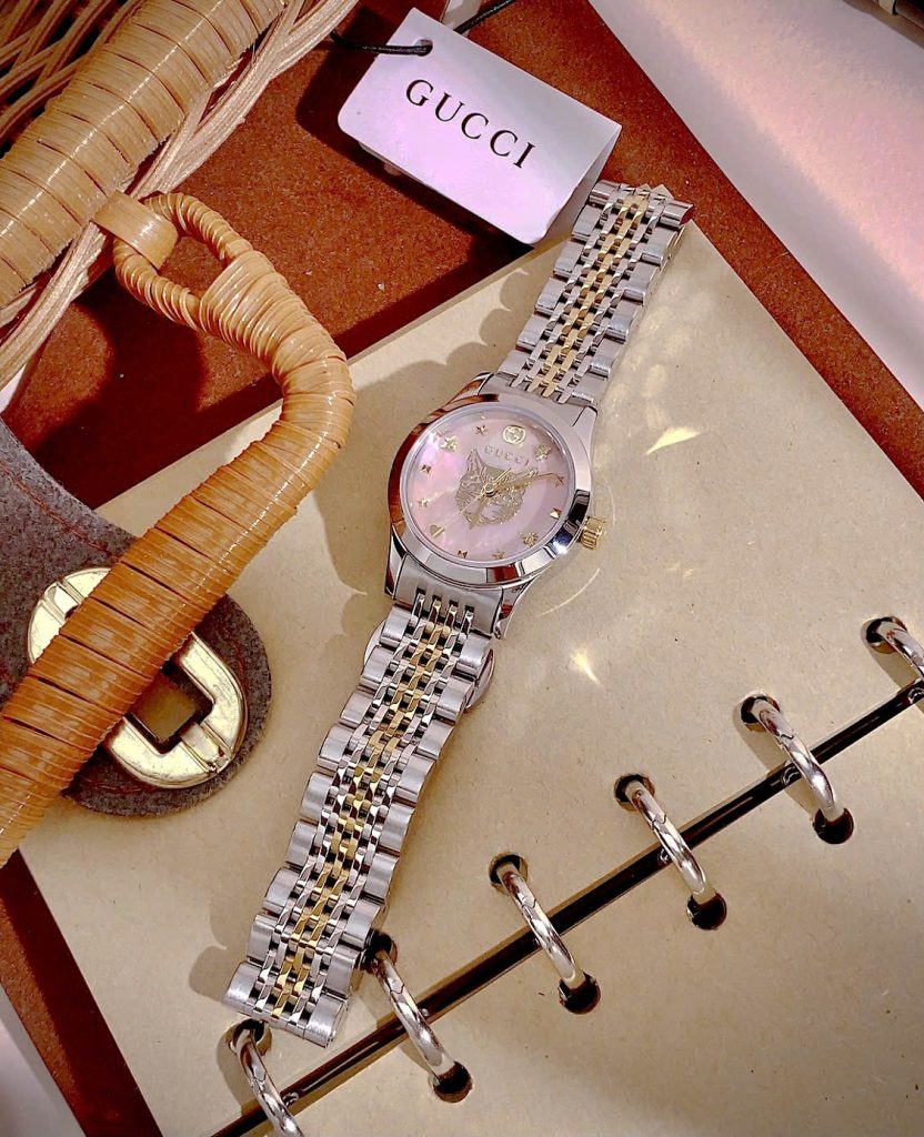 Đồng hồ Gucci nữ mặt khảm trai hồng hình mèo dây demi Like Auth 28mm