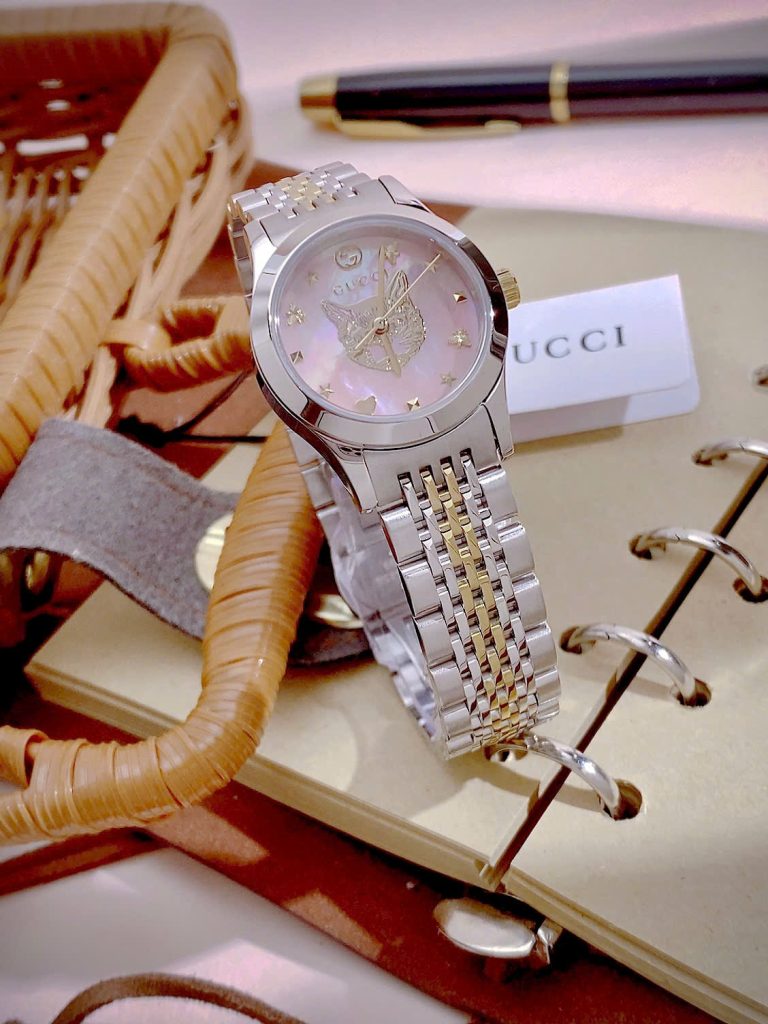 Đồng hồ Gucci nữ mặt khảm trai hồng hình mèo dây demi Like Auth 28mm