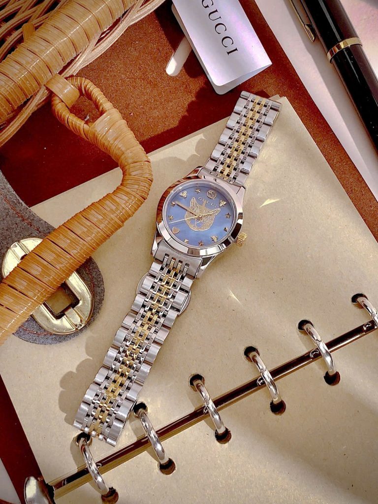  Đồng hồ Gucci nữ mặt khảm trai xanh hình mèo dây demi Like Auth 28mm