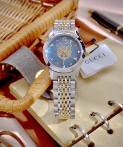Đồng hồ Gucci nữ mặt khảm trai xanh hình mèo dây demi Like Auth 28mm