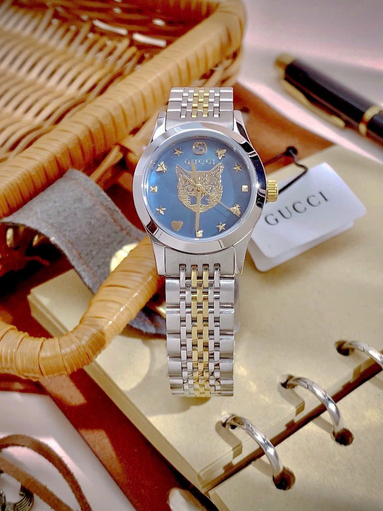  Đồng hồ Gucci nữ mặt khảm trai xanh hình mèo dây demi Like Auth 28mm