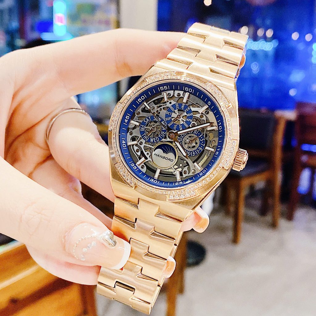 Đồng hồ Hanboro cặp nam nữ chính hãng dây kim loại đính đá 42mm-32mm