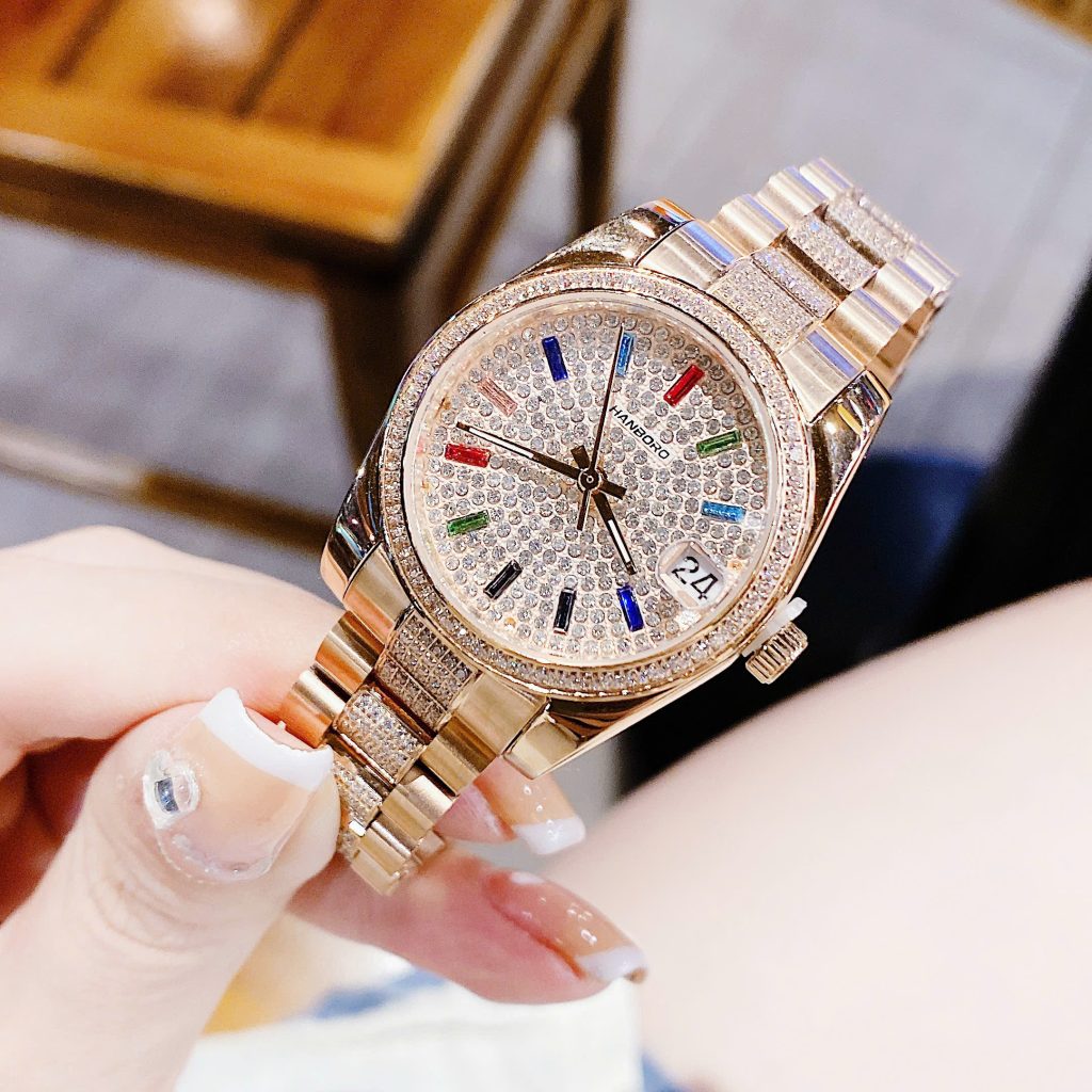 Đồng hồ Hanboro cặp nam nữ chính hãng dây kim loại đính đá 42mm-32mm