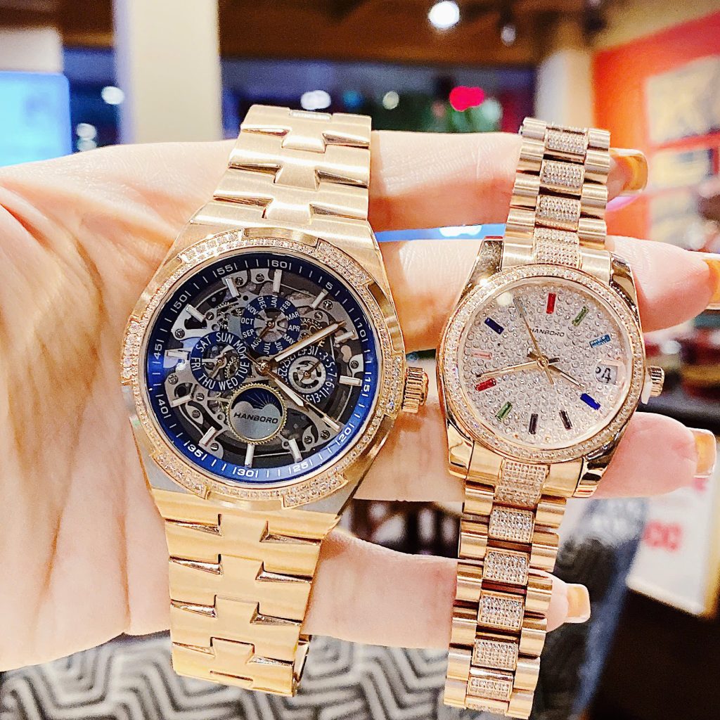 Đồng hồ Hanboro cặp nam nữ chính hãng dây kim loại đính đá 42mm-32mm