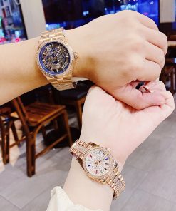 Đồng hồ Hanboro cặp nam nữ chính hãng dây kim loại đính đá 42mm-32mm