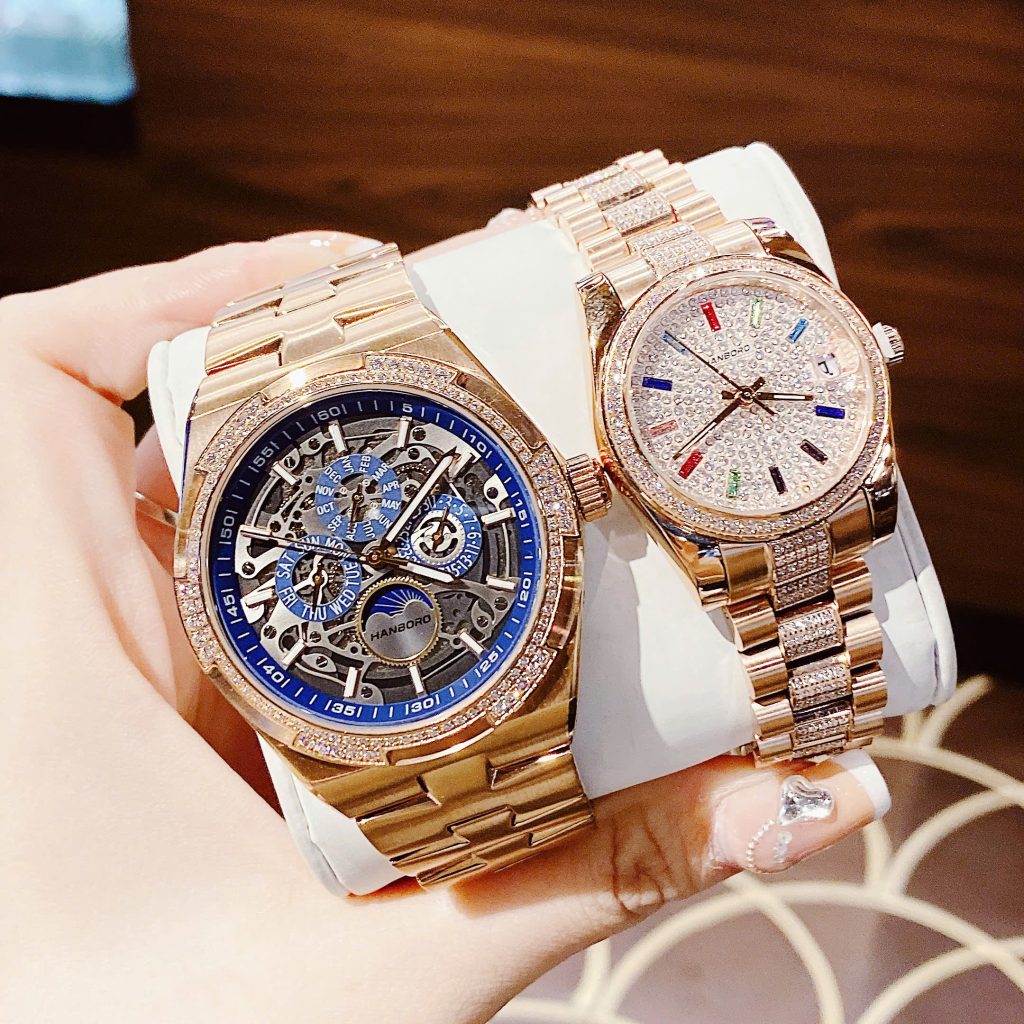 Đồng hồ Hanboro cặp nam nữ chính hãng dây kim loại đính đá 42mm-32mm