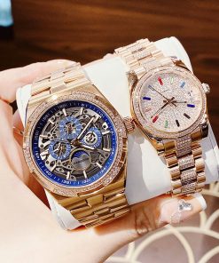 Đồng hồ Hanboro cặp nam nữ chính hãng dây kim loại đính đá 42mm-32mm