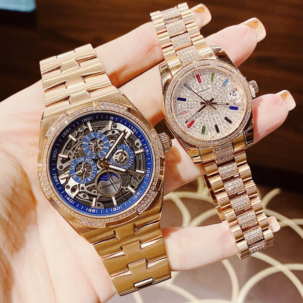 Đồng hồ Hanboro cặp nam nữ chính hãng dây kim loại đính đá 42mm-32mm